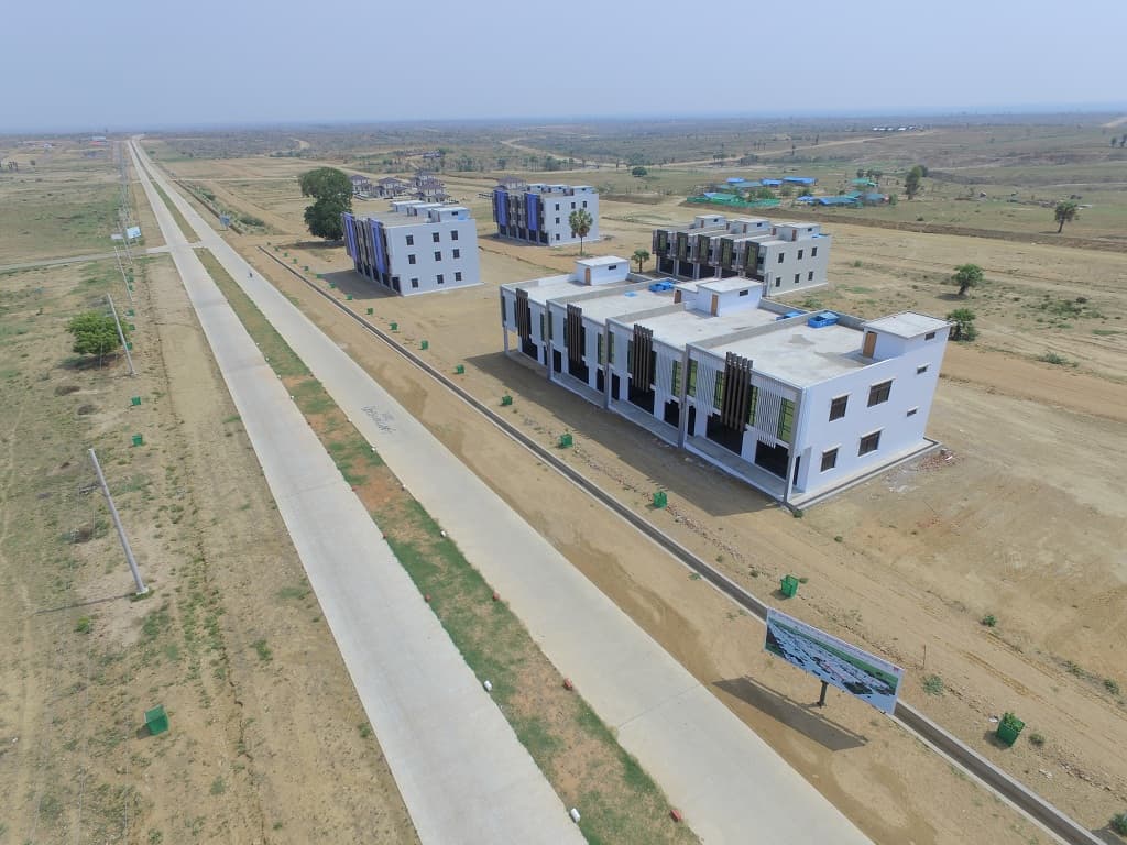 Aerial view of newly built, multi-story shop houses