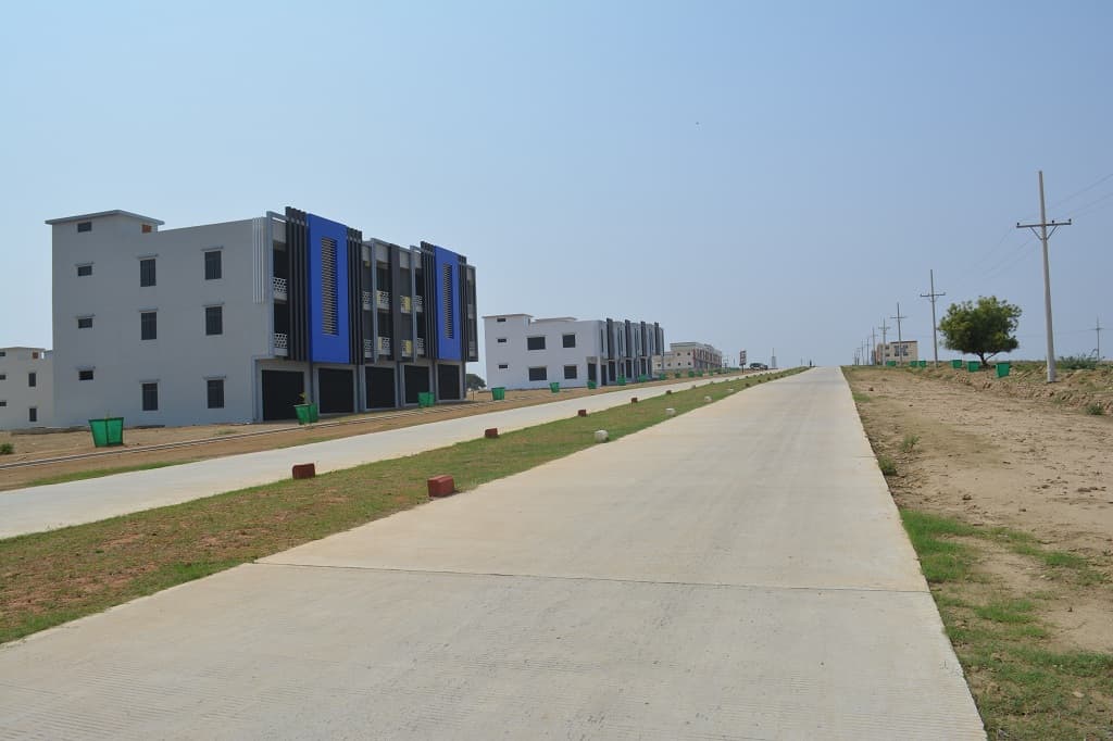 Ground-level view of modern commercial buildings